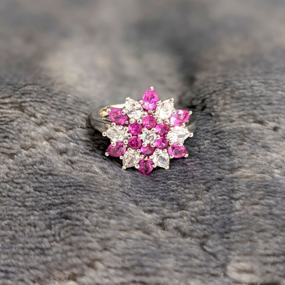Vintage Pink & White Cubic Zirconia Ring Rhodium Plated - Picture 3 of 13